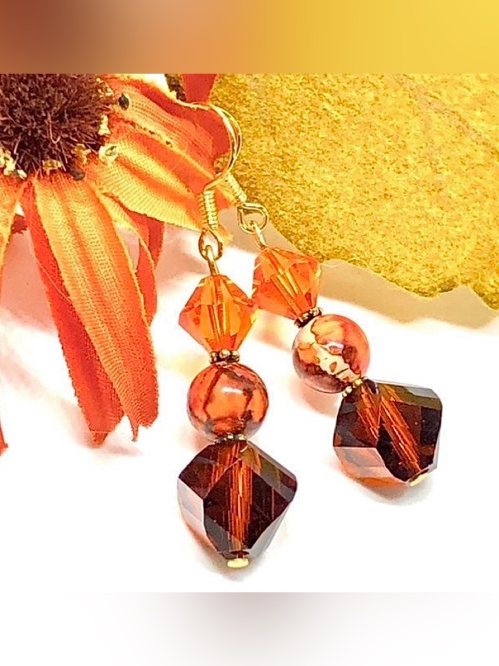 Orange Brown Sediment Jasper and Crystal Twist Bead Dangle Earrings Fall Autumn